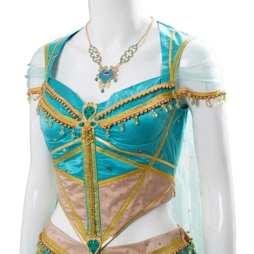 The Movie Aladdin Cosplay Princess Cosplay Jasmine Naomi Scott Green Blue Dress Costume Adult Women Female Halloween Carnival