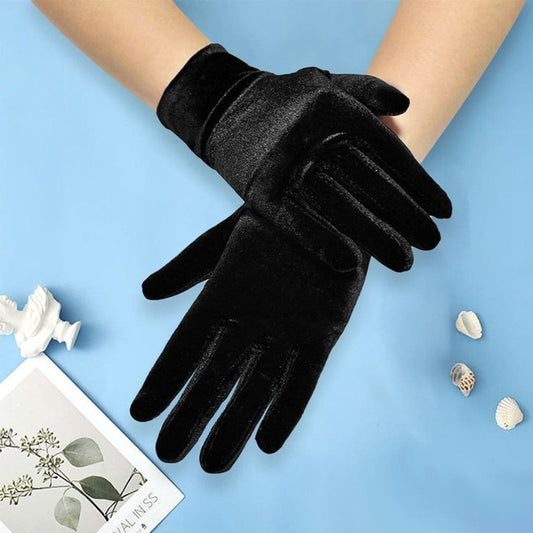Short Opera Velvet Gloves for Women Flapper Stretchy Wrist Length Banquet Gloves Tea Party Halloween Costume Gloves