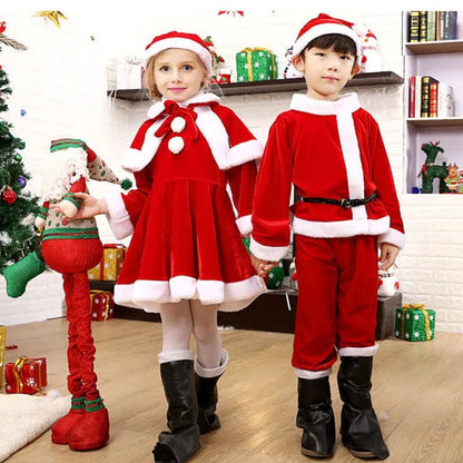Kids Child Christmas Cosplay Costume Santa Claus Baby Xmas Outfit Set Dress Pants Tops Hat Cloak Belt For Boys Girls