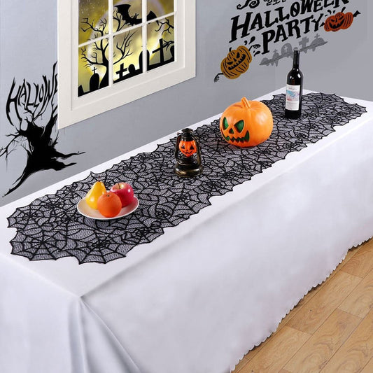 Halloween Lace Table Runner Black Spider Web Tablecloth Fireplace Cover Mantel Halloween Decoration for Home Cloth Cover Supply