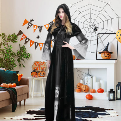 Vintage Gothic Women Halloween Witch Costume with Headwear Hat Veil Vampire Bride Ladies Long Sleeve Dress Horror Party Clothing