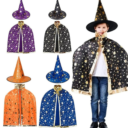 2pcs Kids Children Halloween Witch Hats+Cape Masquerade Wizard Hat Cosplay Costume Halloween Party Fancy Dress Decor