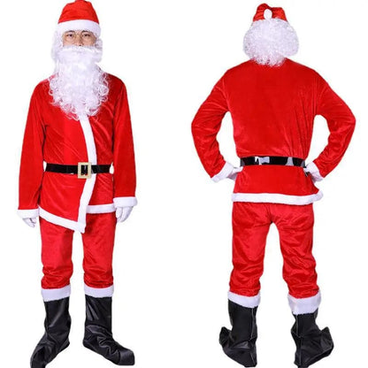 3XL-5XL Santa Claus Costume for Men Women Flannel Santa Suit Set Hat Shawl Top Pants Belt Mustache Wig Christmas Party Cloths