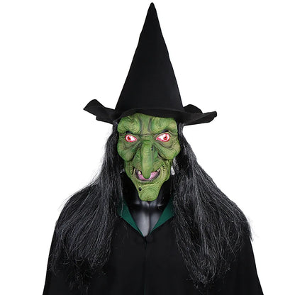 Halloween Horror Old Witch Mask with Hat Cosplay Scary Clown Hag Green Face Latex Masks Big Nose Old Women Costume Party Props