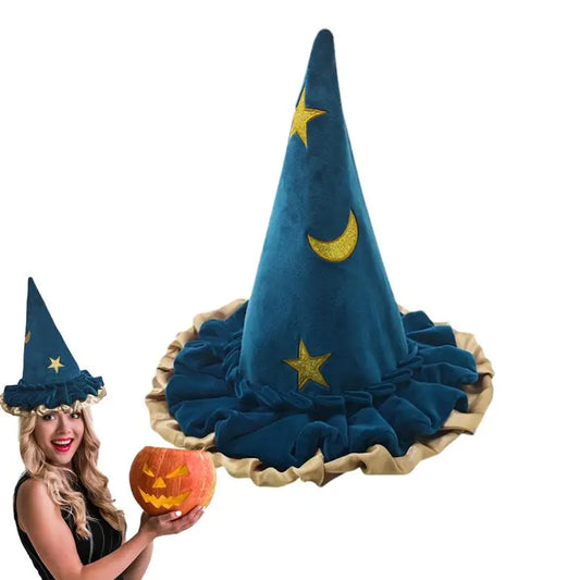 Witch Hat For Women Halloween Witch Hats Women's Fashion Blue Star Moon Pattern Halloween Costume Witch Accessories Adult Wizard