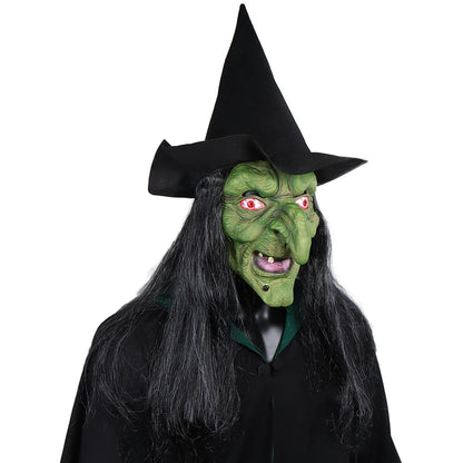 Halloween Horror Old Witch Mask with Hat Cosplay Scary Clown Hag Green Face Latex Masks Big Nose Old Women Costume Party Props