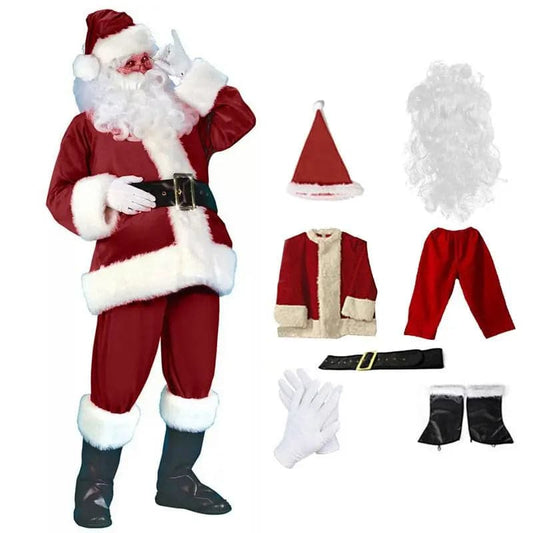 Santa Claus Costume 7PCS Christmas Complete Dress-Up Outfit For Adult Holiday Complete Santa Suit With Belt Shoe Covers