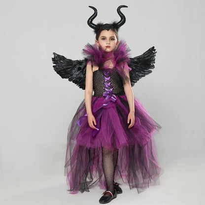 Maleficent Costume Deluxe Girls Halloween Carnival Party Black Trailing Mesh Dress Kids Cosplay Demon Queen Witch Clothes