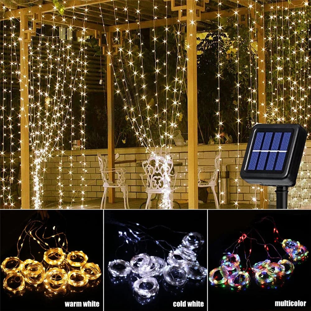 Solar Curtain Light LED Outdoor Waterproof 300leds Garland Decoration String Lights Yard Christmas  Fairy Garland String Lights