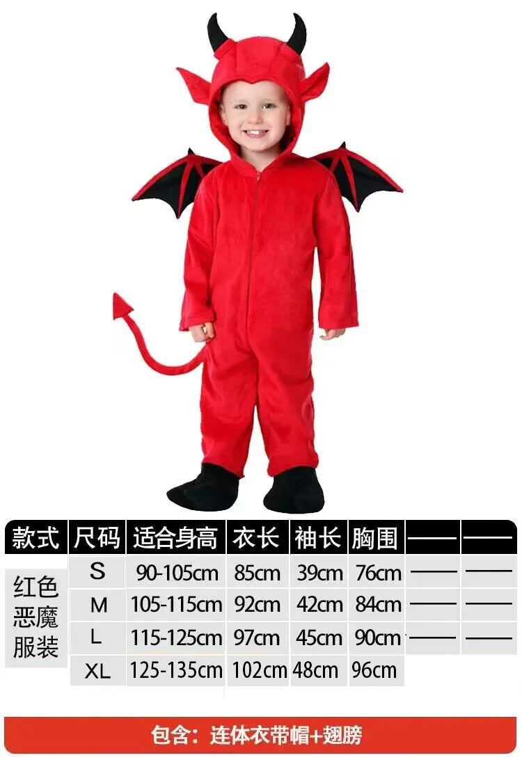 Kids Baby Red Devil Costume Unisex Child Cosplay Costume Jumpsuit Halloween Boy Monster Girls Bat Performance Costume School