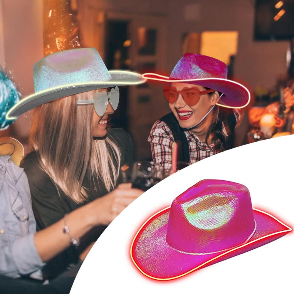 Bright Colors Cowboy Hat Wide Brim Hemming Windproof Rope Halloween Holographic LED Light Jazz Hat Fashion Accessories