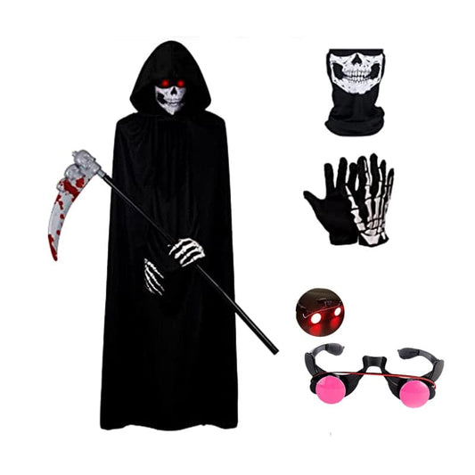 Halloween Scary Costume Grim Reaper Costume for Boys Kids Costume with Glowing Red Eyes with Gloves Mask