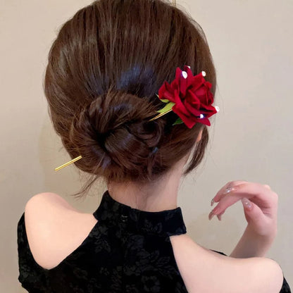 Red Rose Flower Hair Sticks For Women Romantic Festival Hair Clips Girls Fashion Elegant Ponytail Hairpin Hair Accessories