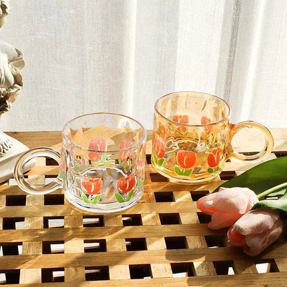 Adorable Tulip Printed Glass Mug - High-Value Ins Style Amber Glass Mug