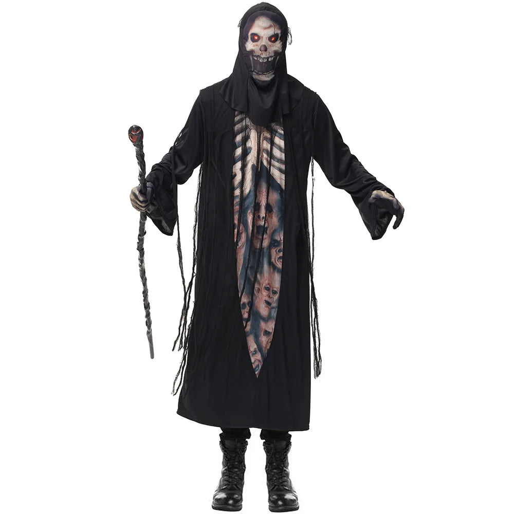 Men Halloween Necromancer Costumes Adult Azrael Evil Skeleton Robe Cosplay Carnival Purim Parade Nightclub Role Play Party Dress