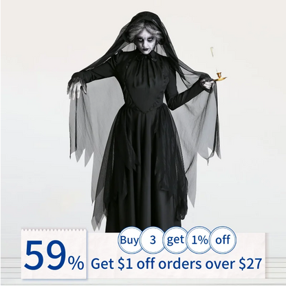 Vintage Gothic Women Halloween Witch Costume with Headwear Hat Veil Vampire Bride Ladies Long Sleeve Dress Horror Party Clothing