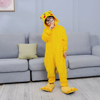 MINISO Pikachu Kids One-pieces Home Suit Cartoon Cute Winter Keep Warm Pajamas Coral Velvet Comfortable Kawaii Party Sleepwear