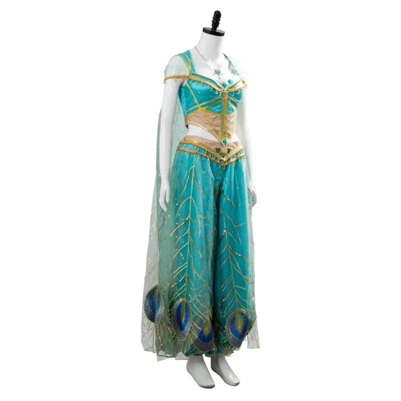 The Movie Aladdin Cosplay Princess Cosplay Jasmine Naomi Scott Green Blue Dress Costume Adult Women Female Halloween Carnival