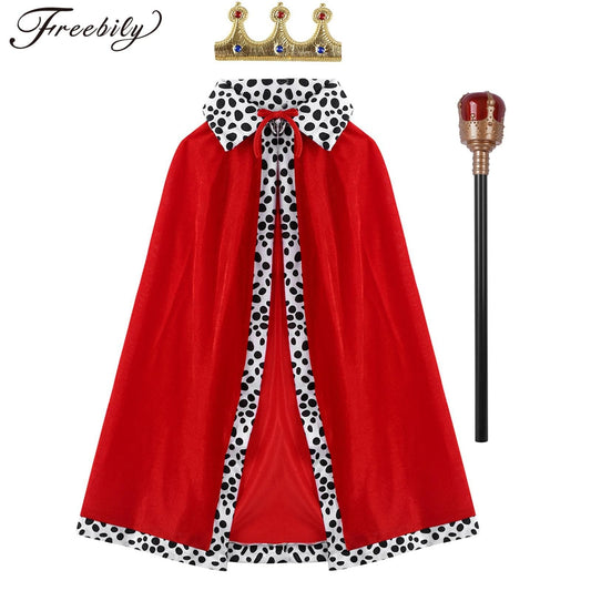 Kids King Emperor Costume Red Velvet Cloak Cape with Crown Scepter Outfit for Halloween Prince Cosplay Party Accessories Set