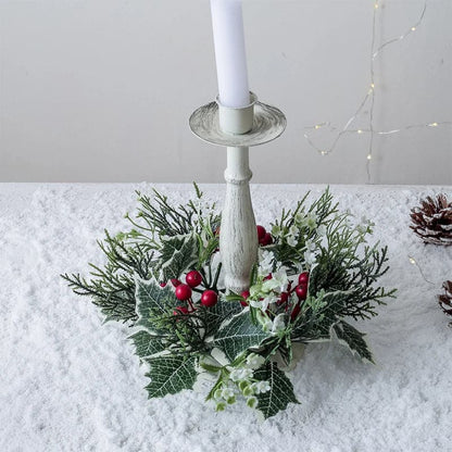 Christmas Candle Garland Candlestick Wreath Artificial Cherry Pinecone Candle Holder Fake Leaves Xmas New Year Home Table Decor