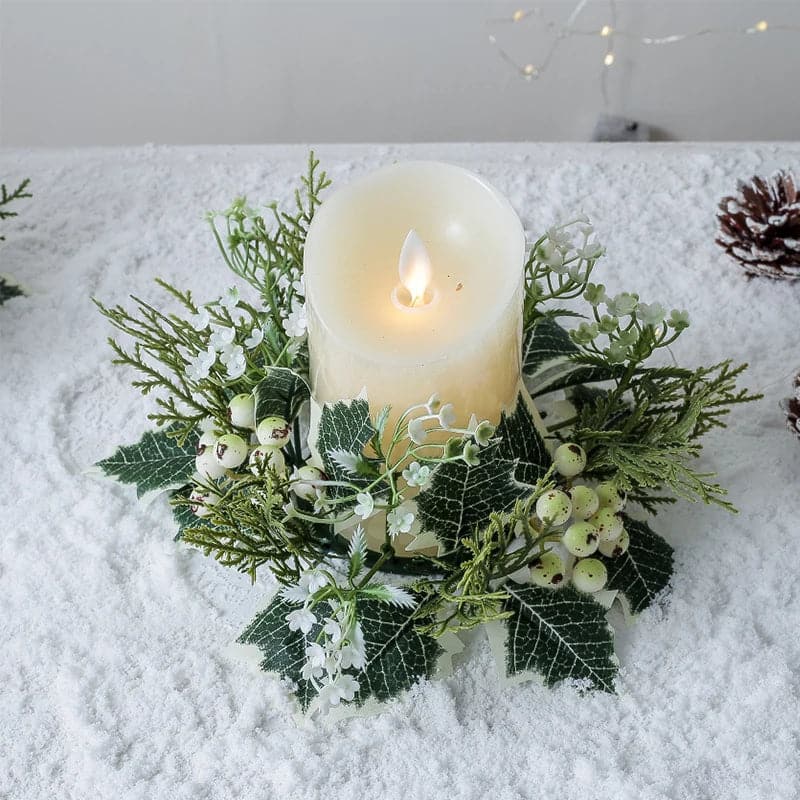 Christmas Candle Garland Candlestick Wreath Artificial Cherry Pinecone Candle Holder Fake Leaves Xmas New Year Home Table Decor