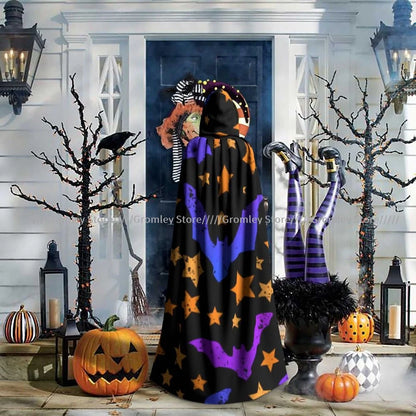 Unisex Halloween Cloak Funny Psychedelic Bats Cape Hooded Medieval Costume Witch Wicca Vampire