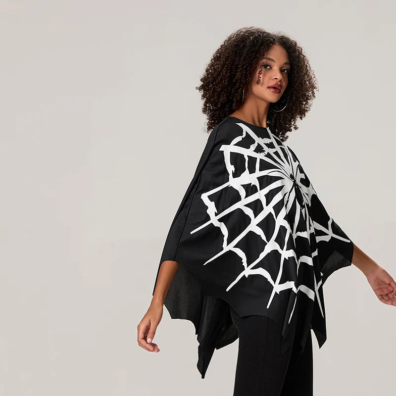 Adults Spider Web Print Cape Funny Halloween Costumes Party Cosplay Poncho Tops Clothes for Unisex Women Men