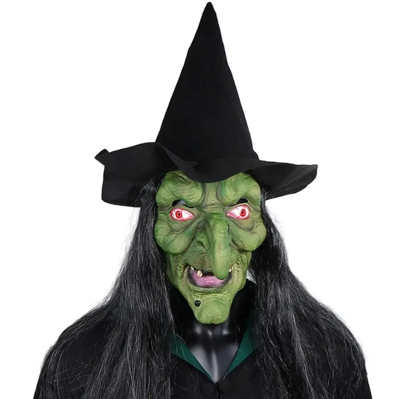 Halloween Horror Old Witch Mask with Hat Cosplay Scary Clown Hag Green Face Latex Masks Big Nose Old Women Costume Party Props