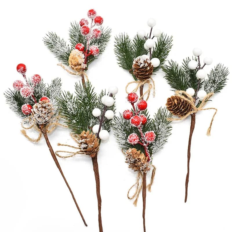 5Pcs Christmas Red Berry Articifial Flower Pine Cone Branch Christmas Tree Decorations Ornament Gift Packaging Home DIY Wreath