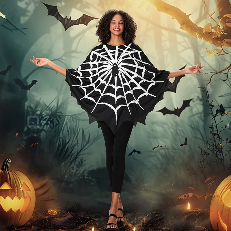 Adults Spider Web Print Cape Funny Halloween Costumes Party Cosplay Poncho Tops Clothes for Unisex Women Men