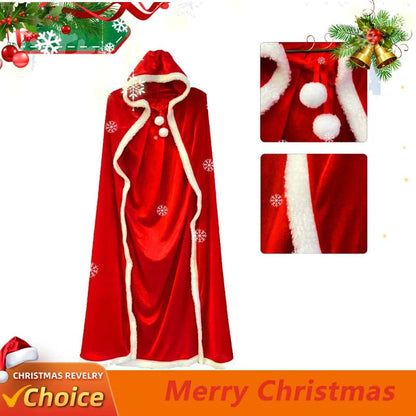 Full Length Hooded Velvet Cloak Christmas Santa Claus Plush Trim Tie Up Red Cape Holiday Cosplay Costume for Women Girls