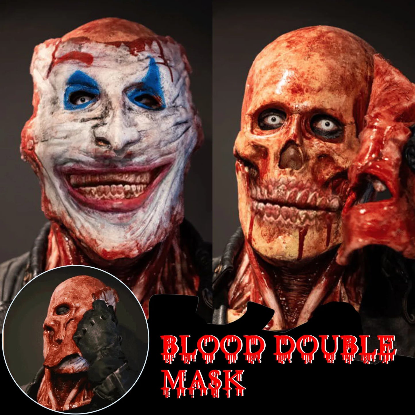 2024 New Halloween Double Rip Mask Bloody Scary Skeleton Latex Mask Scary Cosplay Party Mask Halloween Prop