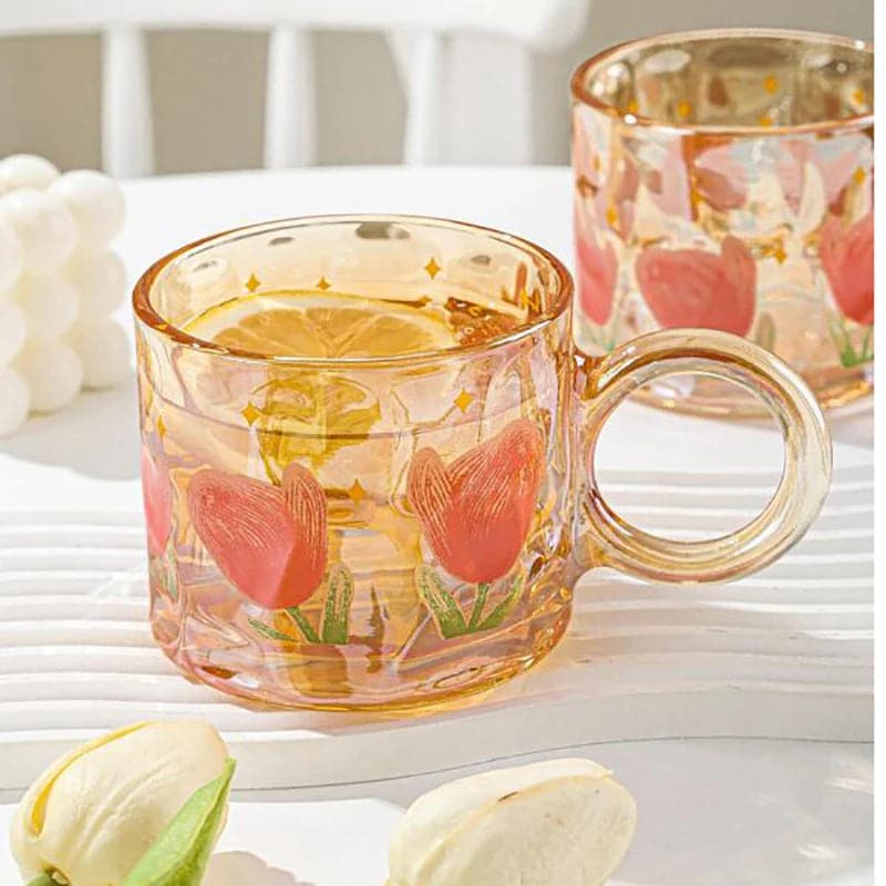 Adorable Tulip Printed Glass Mug - High-Value Ins Style Amber Glass Mug