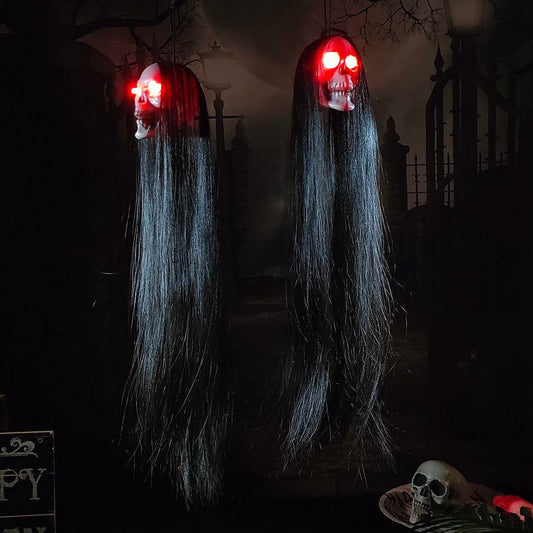 Halloween Hanging Ghost Skeleton Head with Long Hair Red Blinking Eyes Horror Photo Prop for Home Garden Outdoor Party Decoratio