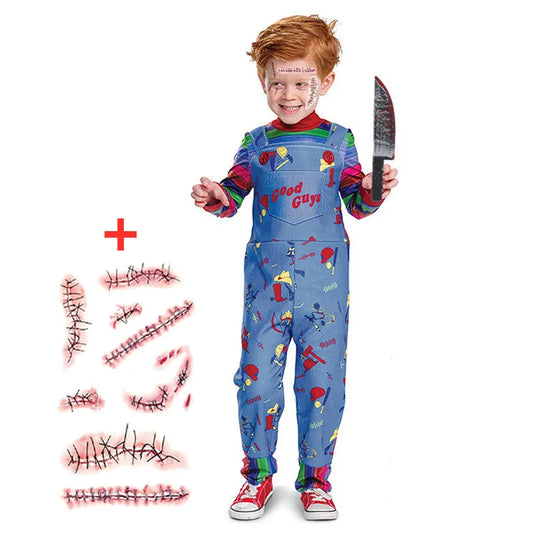 Movie Chucky Costume Halloween Kids Jumpsuit Scary Jumpsuit Scary Halloween Horror Cosplay Giveaway Scar Stickers