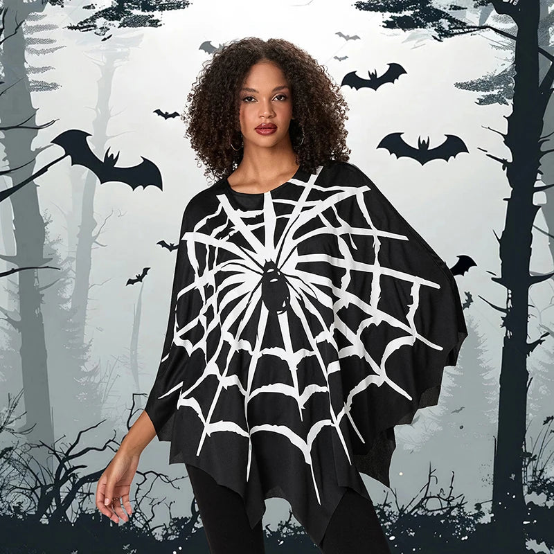 Adults Spider Web Print Cape Funny Halloween Costumes Party Cosplay Poncho Tops Clothes for Unisex Women Men