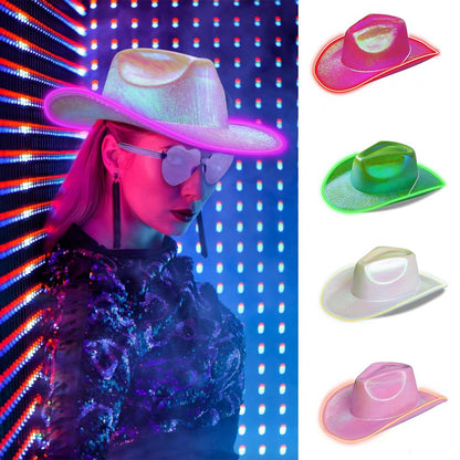 Bright Colors Cowboy Hat Wide Brim Hemming Windproof Rope Halloween Holographic LED Light Jazz Hat Fashion Accessories