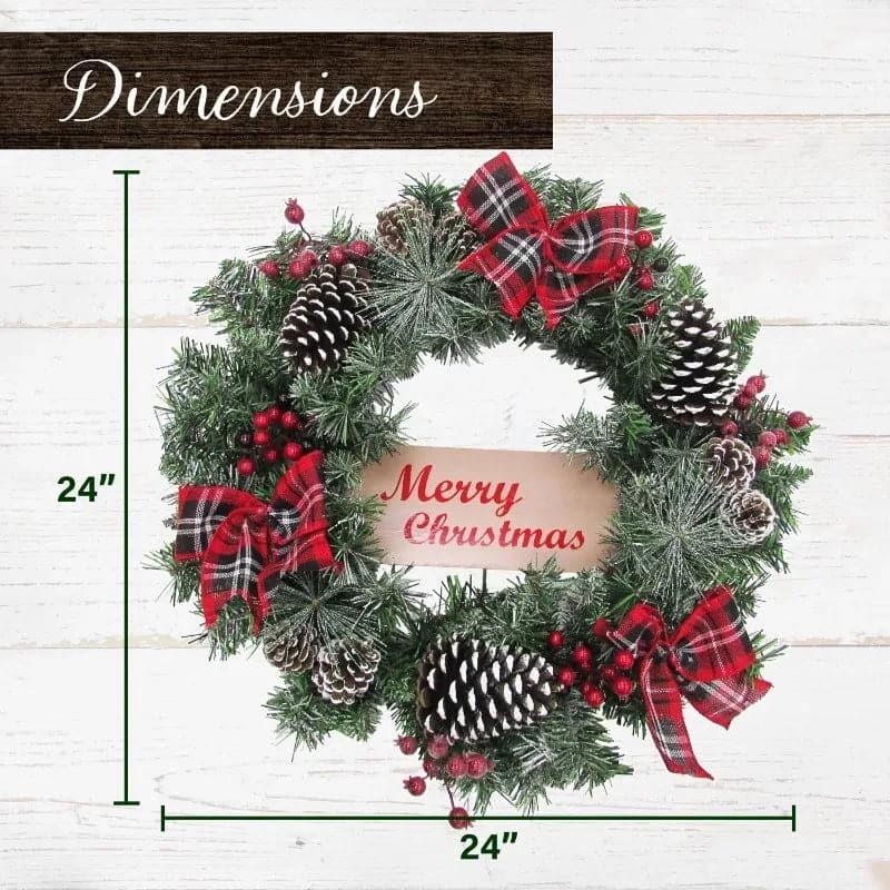 Fraser Hill Farm PVC Decorated Pine Christmas Frosted Wreath, with Cones Berries including Plaid Bows 24 Unlit Christmas Wreaths