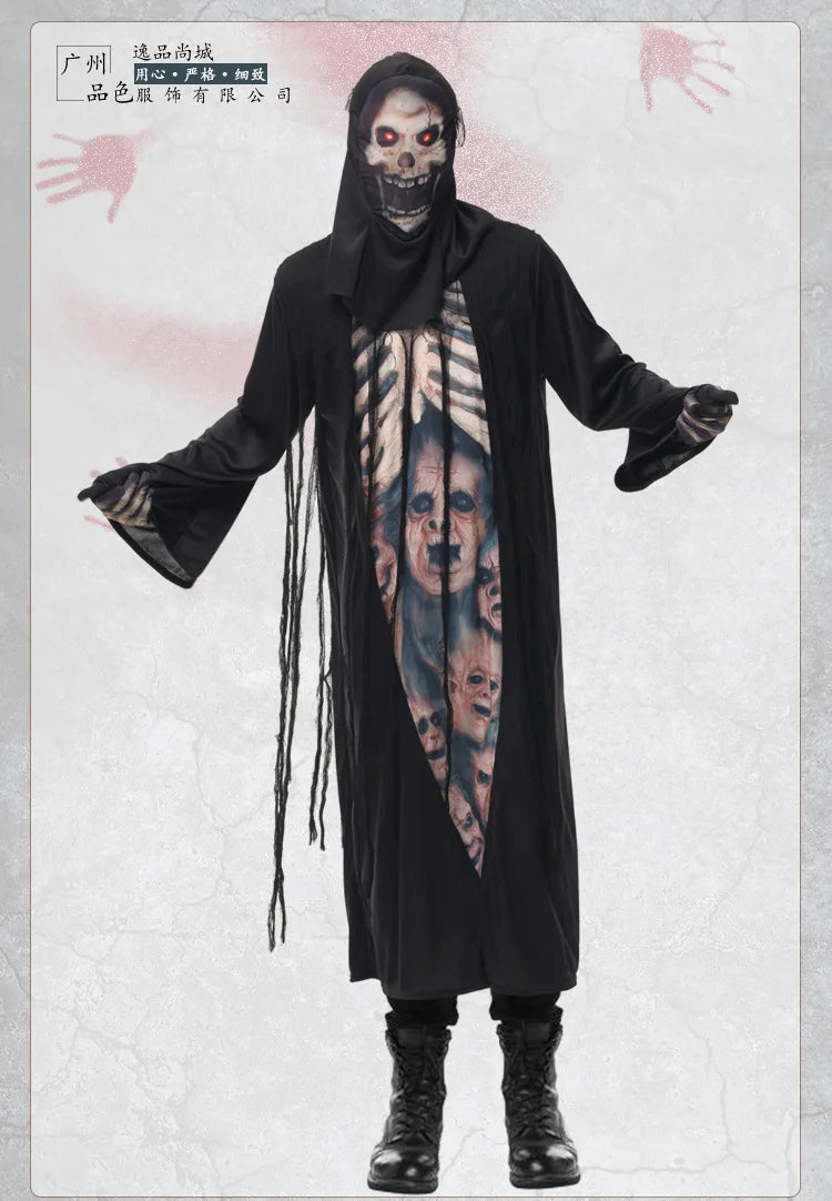 Men Halloween Necromancer Costumes Adult Azrael Evil Skeleton Robe Cosplay Carnival Purim Parade Nightclub Role Play Party Dress