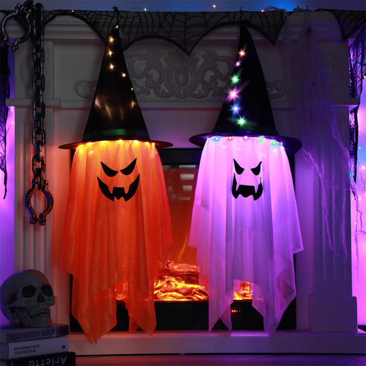 Halloween Decorations Flying Witch Hats Ghost Hanging LED Lights Bar Halloween Party Supplies Dress Up Glowing Wizard Ghost Lamp