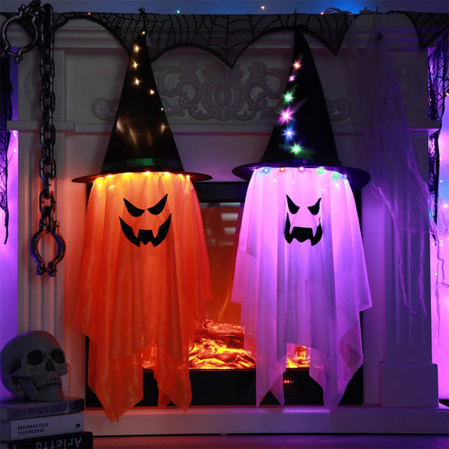 Halloween Decorations Flying Witch Hats Ghost Hanging LED Lights Bar Halloween Party Supplies Dress Up Glowing Wizard Ghost Lamp