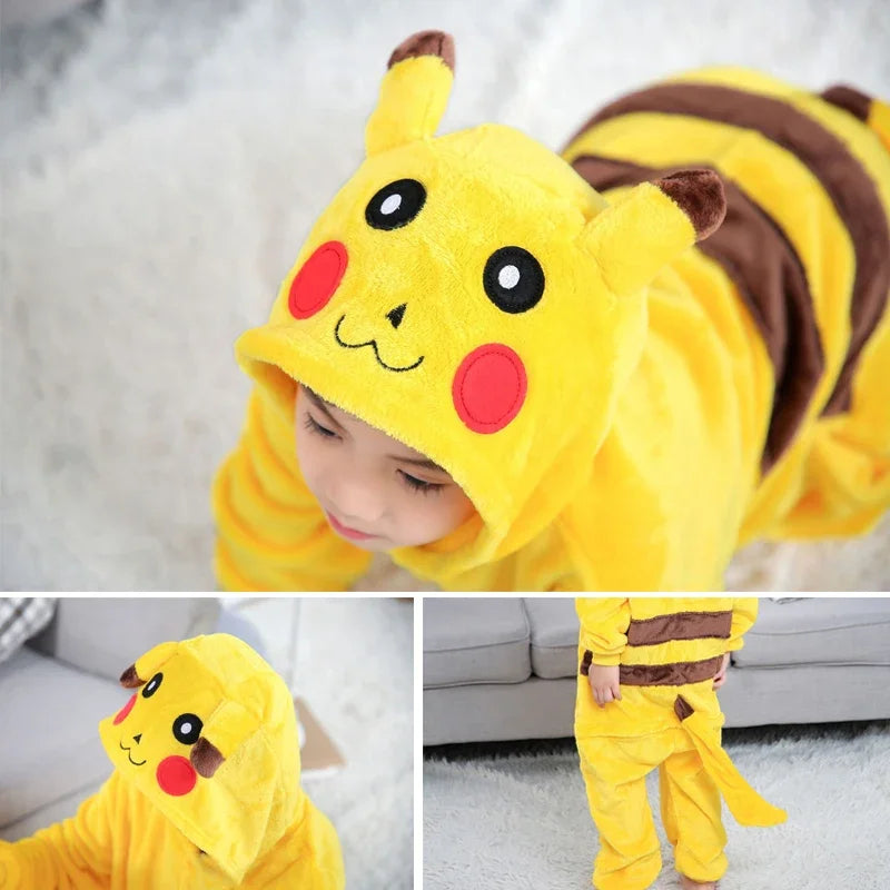 MINISO Pikachu Kids One-pieces Home Suit Cartoon Cute Winter Keep Warm Pajamas Coral Velvet Comfortable Kawaii Party Sleepwear