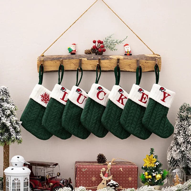 Navidad Natal 2024 Christmas Socks Green Xmas Tree Ornament Gift Knitting Snowflake Letter Stocking Christmas Decoration