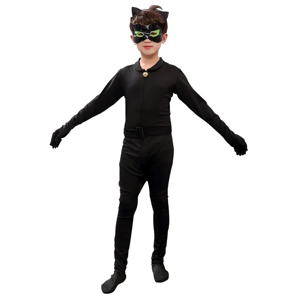 Kids Anime Black Boys Cat Costume with Mask Carnival Party Stage Performance Clothing for Children