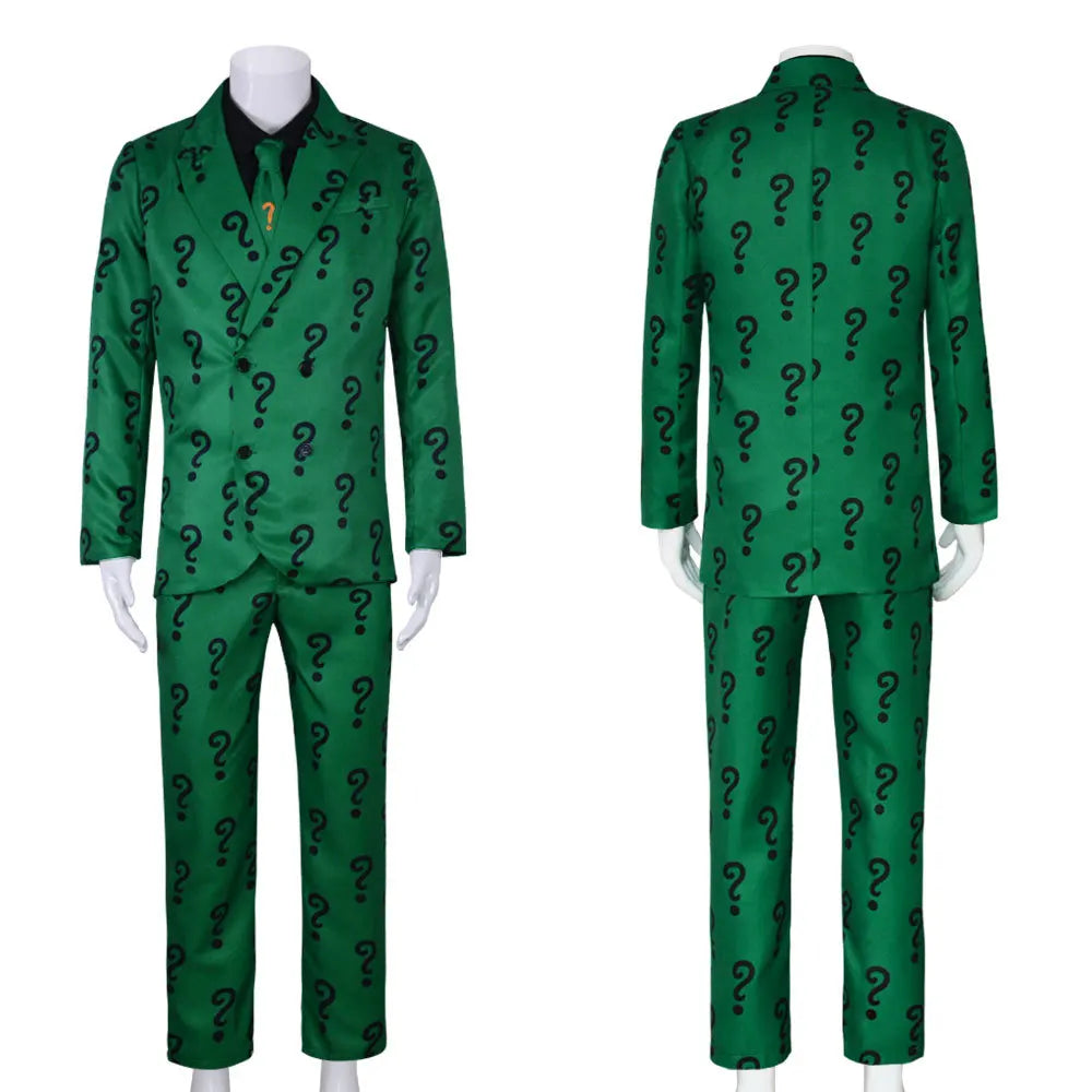 Men Riddler Cosplay Fantasy Movie Super Villain Costume Disguise Adult Boys Roleplay Fantasia Outfits Halloween Male Suits