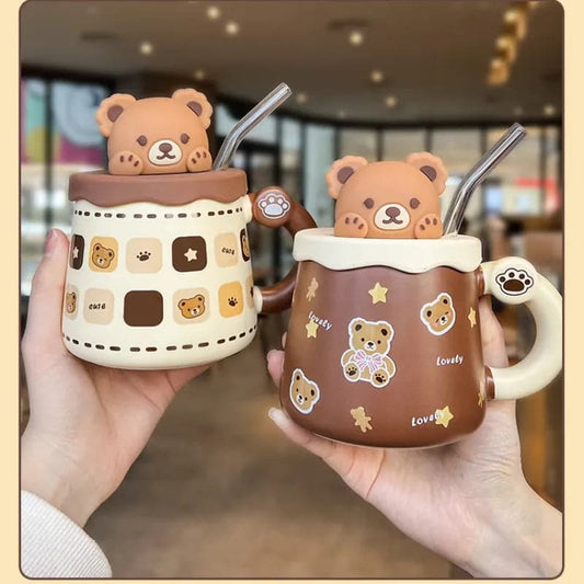 Lovely Bear Cute Coffee Mugs - Cute Ceramic Mug with Lid and Spoon