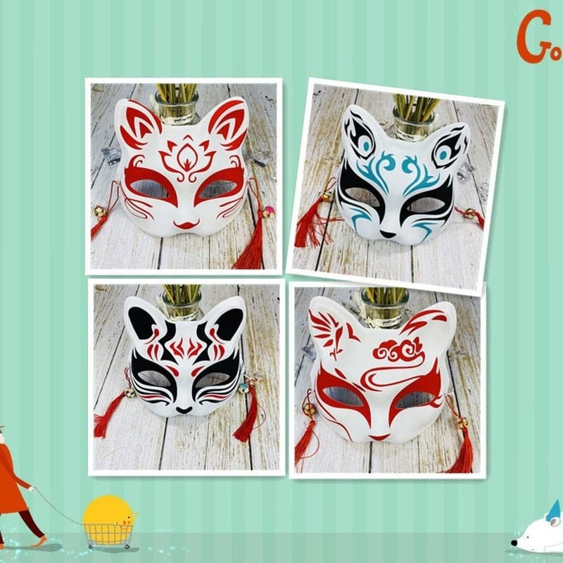 Japanese Mask Half Face Hand-painted Cat Fox Mask Anime Demon Slayer Masquerade Halloween Festival Cosplay Prop