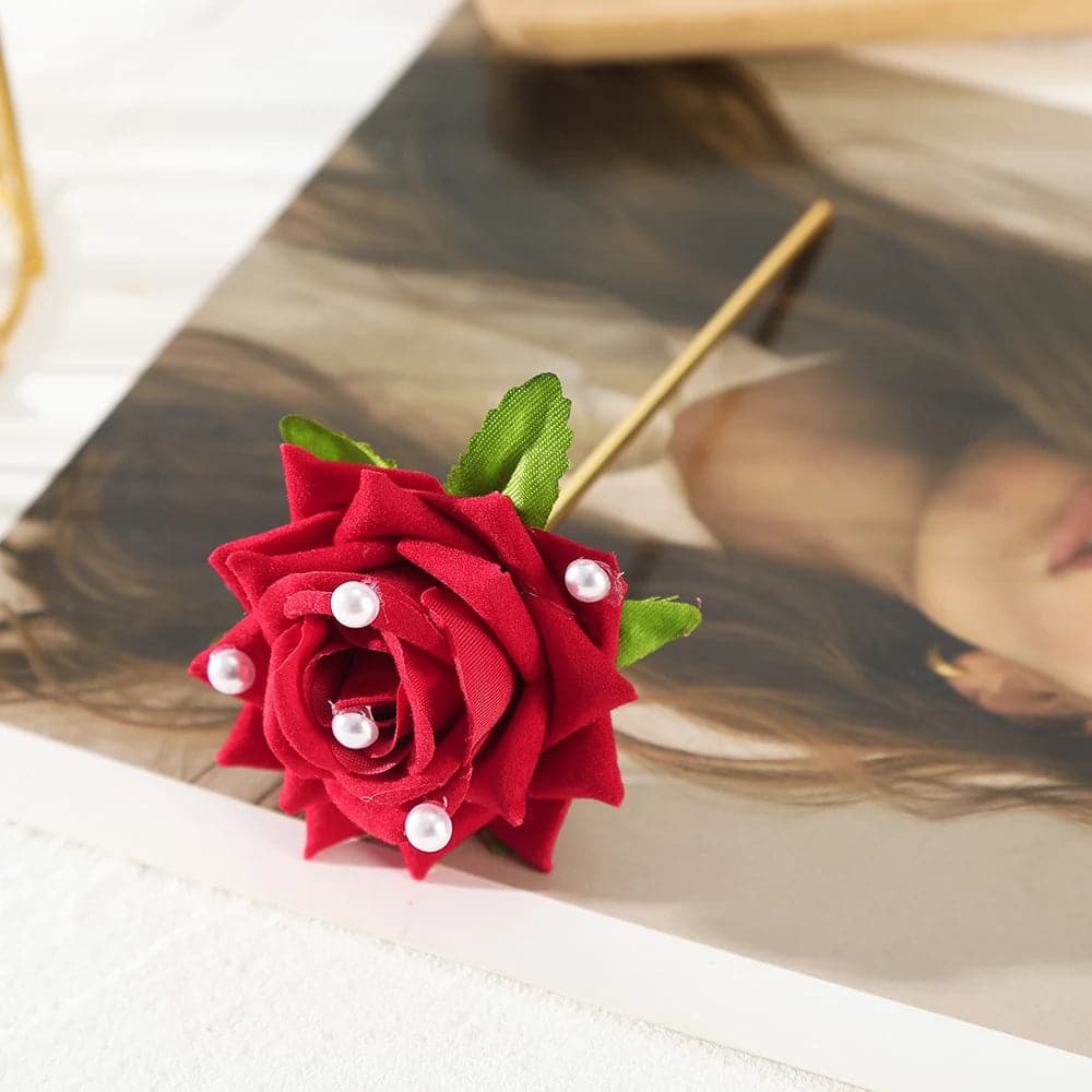 Red Rose Flower Hair Sticks For Women Romantic Festival Hair Clips Girls Fashion Elegant Ponytail Hairpin Hair Accessories