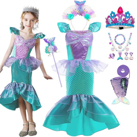 Disney Princess Ariel Cosplay Dress For Girls Halloween Theme Party Mermaid Disguise Outfits Kids Birthday Party Fantasy Costume