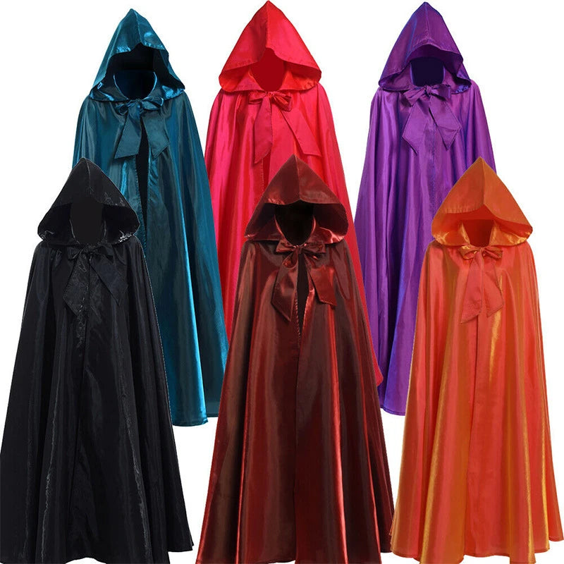 Halloween Witch Wizard Cosplay Costume Hood Cloak Adult Kids Satin Medieval Cape Shawl Vampire Devil Cosplay Clothing Long Robe